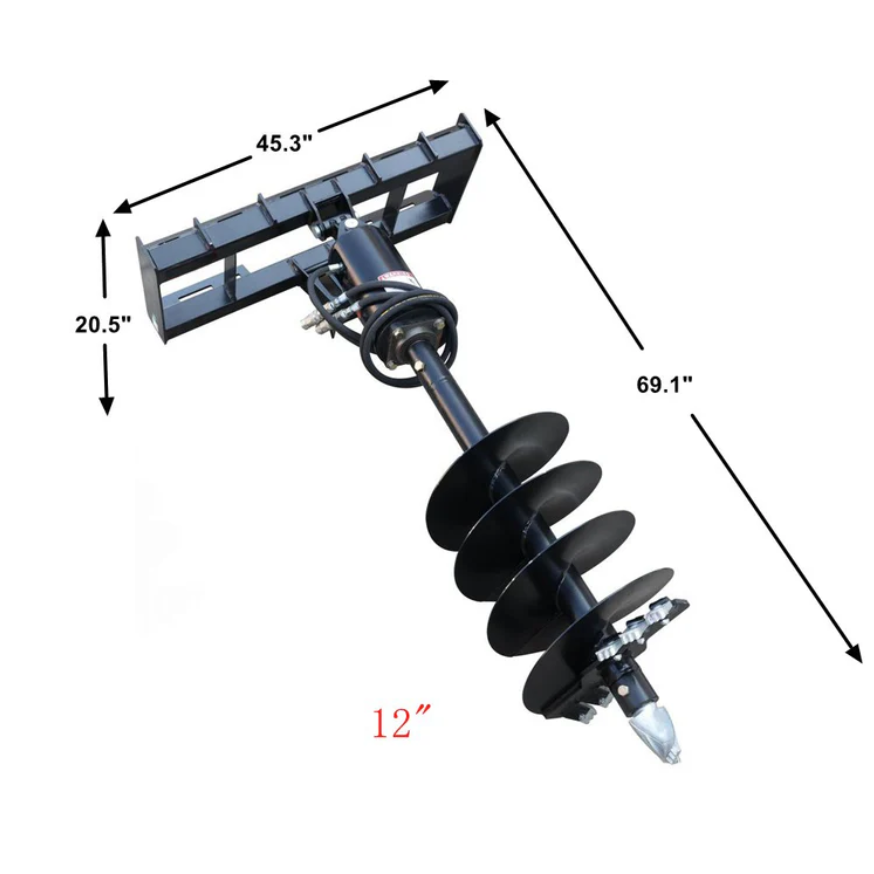 Skid Steer Post Hole Auger Drive Attachment, 12” Diameter Auger, 46” Drilling Depth